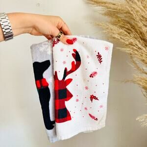 2 Cherry Red White Plaid Deer Grey Gray Dog Scarf Print Christmas Hand Towel Set